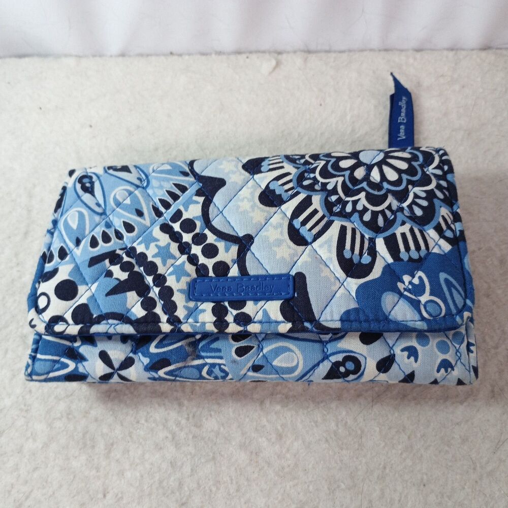 Vera Bradley Blue Star Floral Trifold Wallet Checkbook Organizer Cotton Quilted